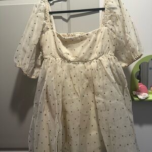 Lace & Beads Square Neck Babydoll Organza Polka Dot Mini Dress